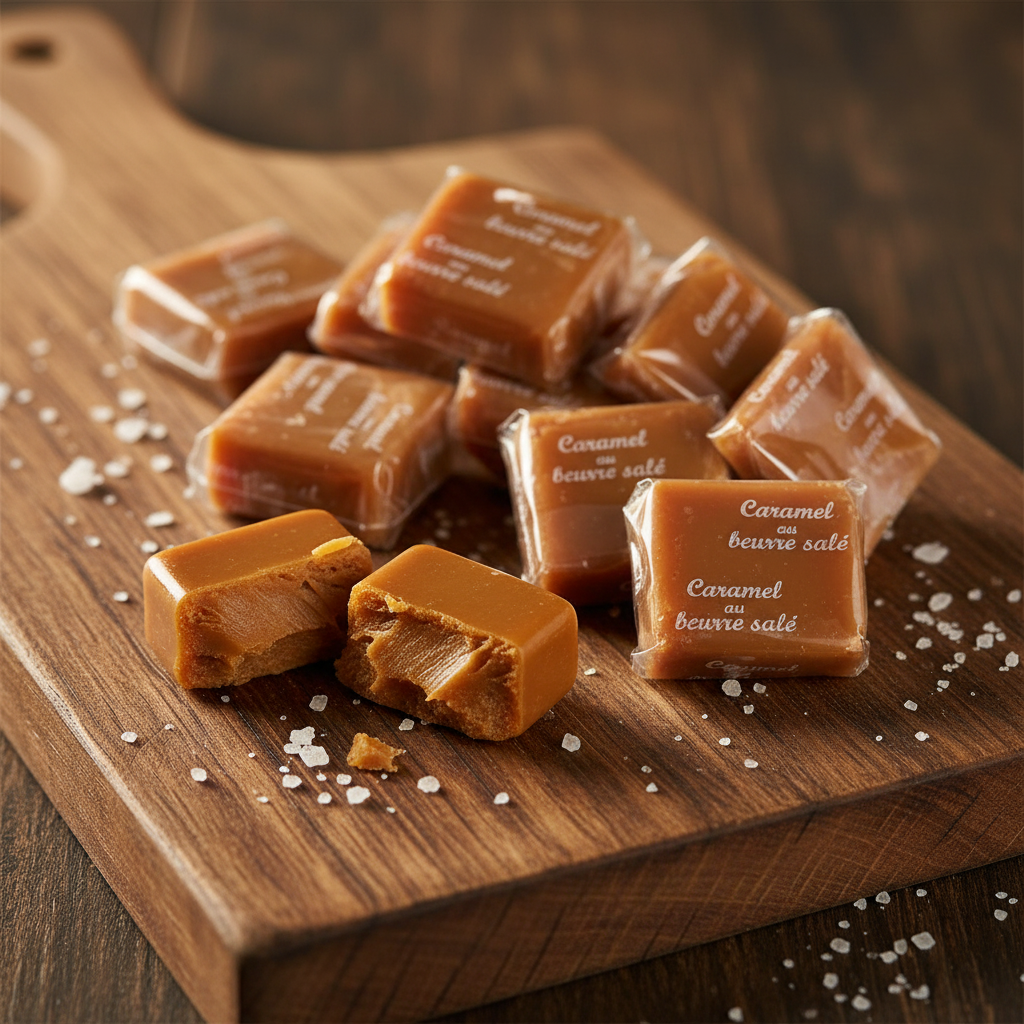 Palet de caramel au beurre salé — Une délicieuse confiserie artisanale aux notes généreuses de caramel, sublimée par la finesse du beurre demi-sel. Sa texture fondante et son équilibre parfait entre douceur et pointe salée en font une gourmandise authentiquement bretonne, idéale pour accompagner un café ou pour une pause gourmande.