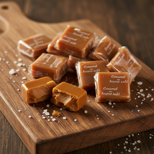 Palet de caramel au beurre salé — Une délicieuse confiserie artisanale aux notes généreuses de caramel, sublimée par la finesse du beurre demi-sel. Sa texture fondante et son équilibre parfait entre douceur et pointe salée en font une gourmandise authentiquement bretonne, idéale pour accompagner un café ou pour une pause gourmande.